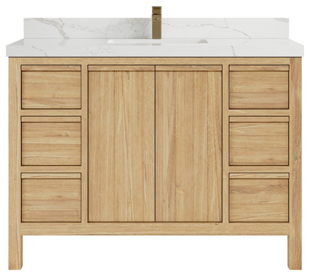 Elizabeth 48 Single Sink Bath Vanity in Light Natural Teak 2" Calacatta Laza