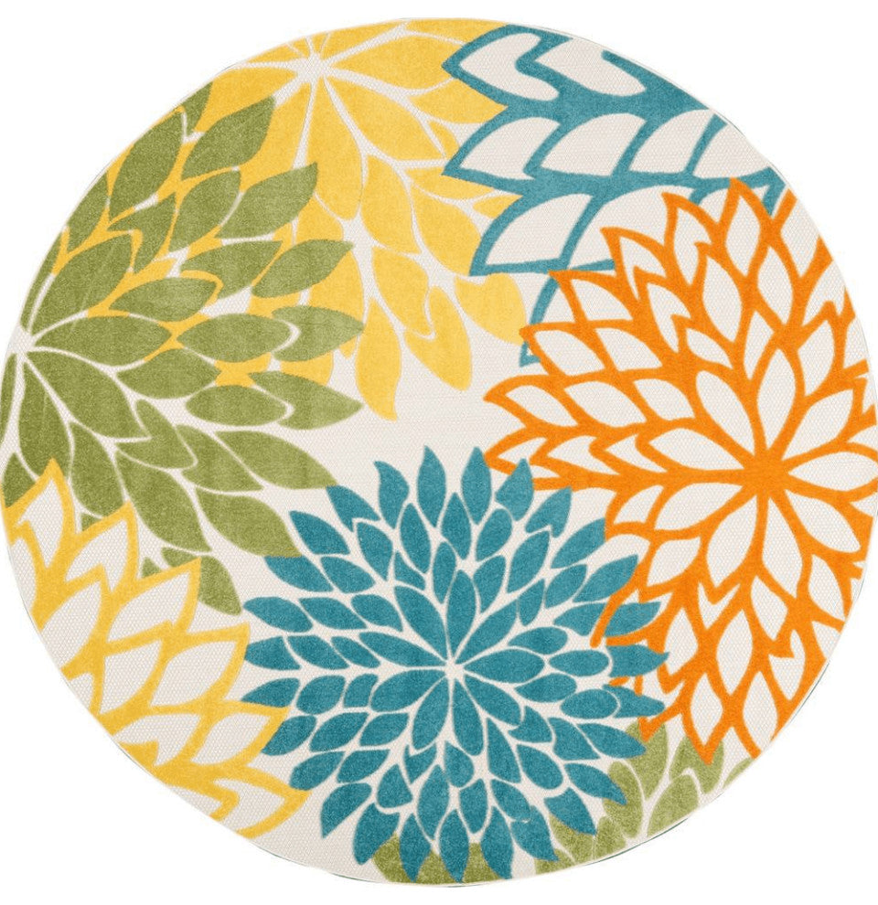 8' X 8' Turquoise Round Floral Non Skid Indoor Outdoor Area Rug