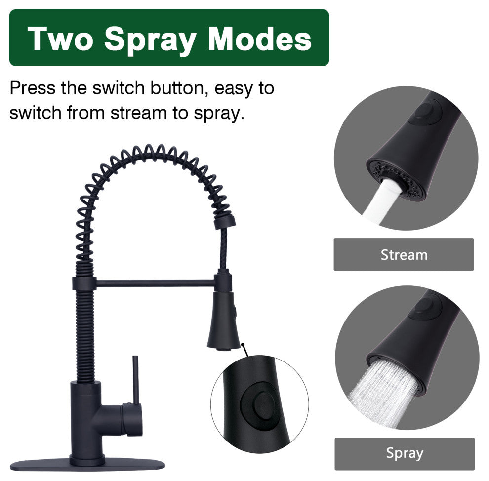 Brushed Nickel Pre-Rinse Spring Kitchen Faucet with Pull Down Sprayer, Matte Black