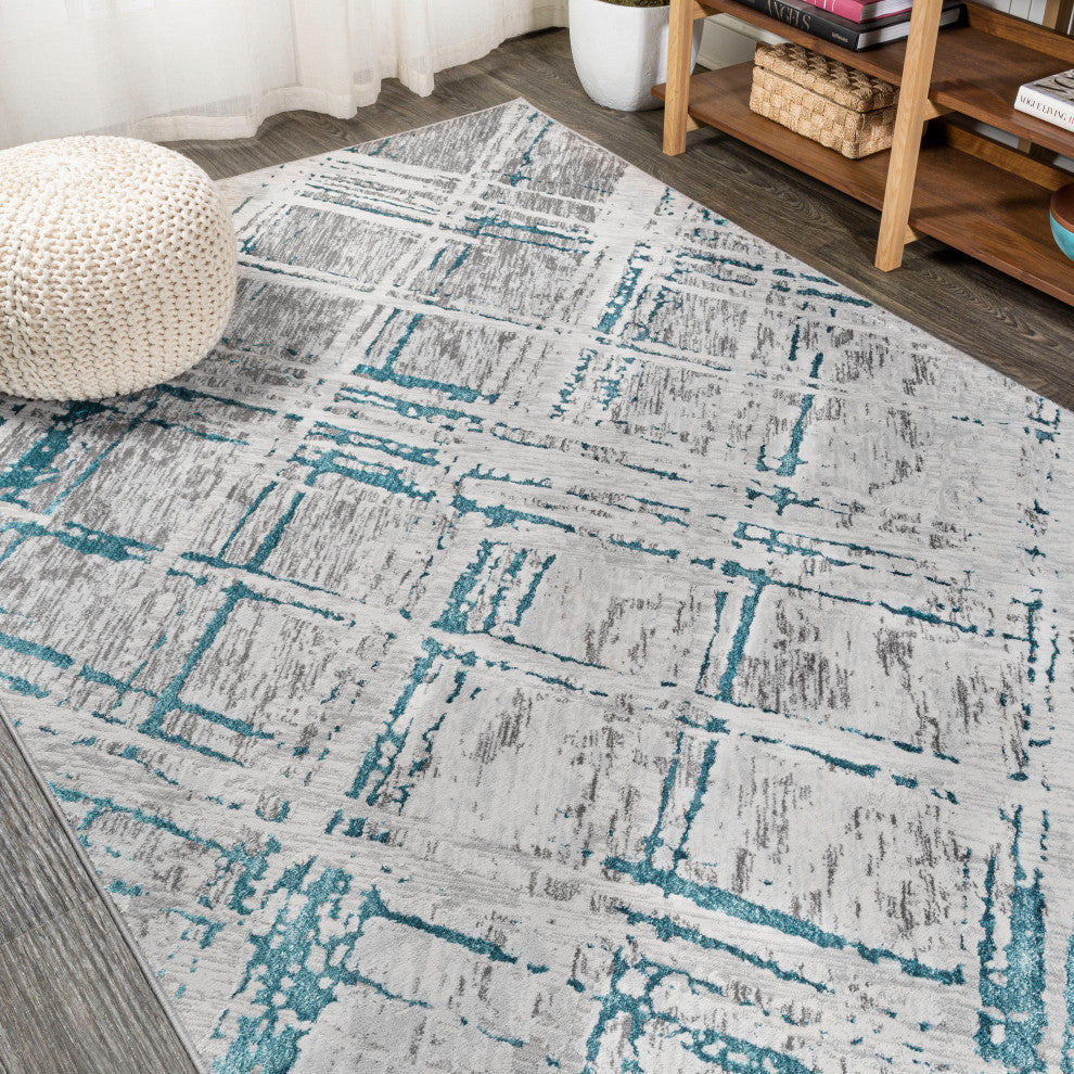 Slant Modern Abstract Area Rug, Gray/Turquoise, 8 X 10