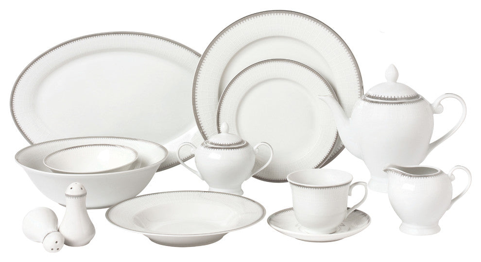 57 Piece Silver Border Porcelain Dinnerware Set-Service for 8-Alyssa