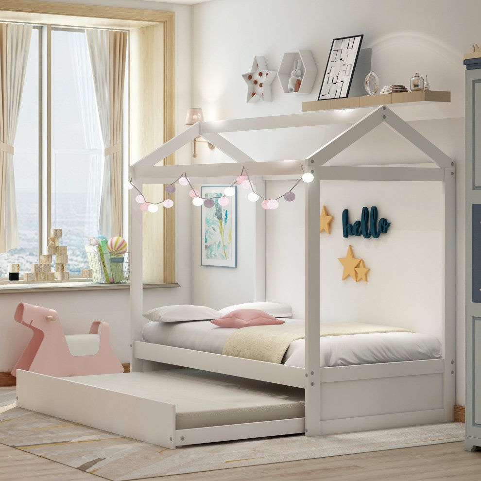 Gewnee House Bed with Trundle, can be Decorated in White