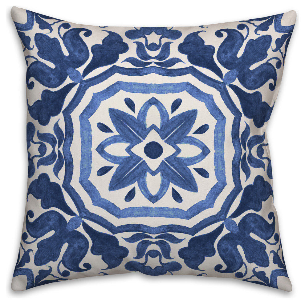 Blue Watercolor Damask Tile 16x16 Throw Pillow