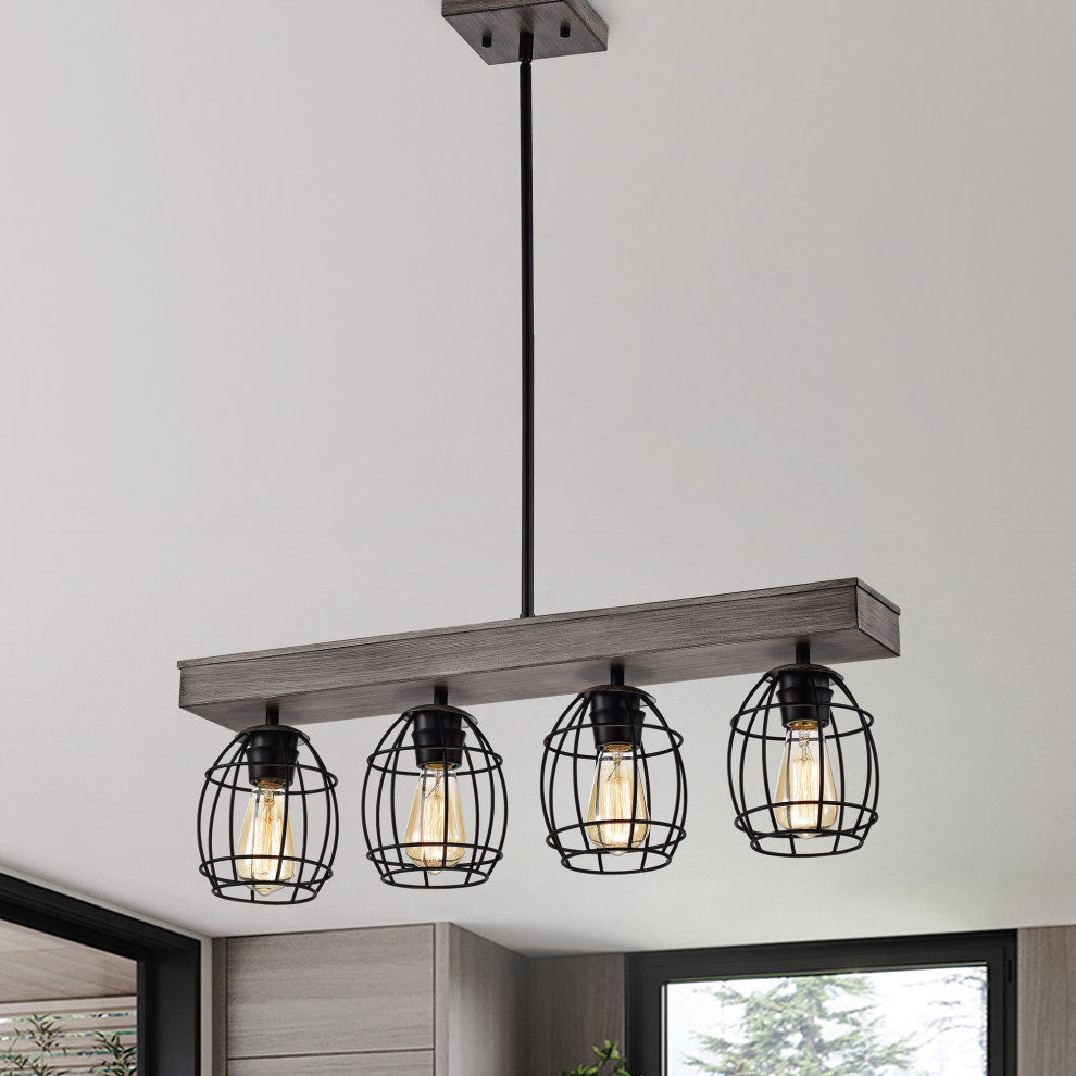 4-Light Wood and Black Cage Linear Pendant