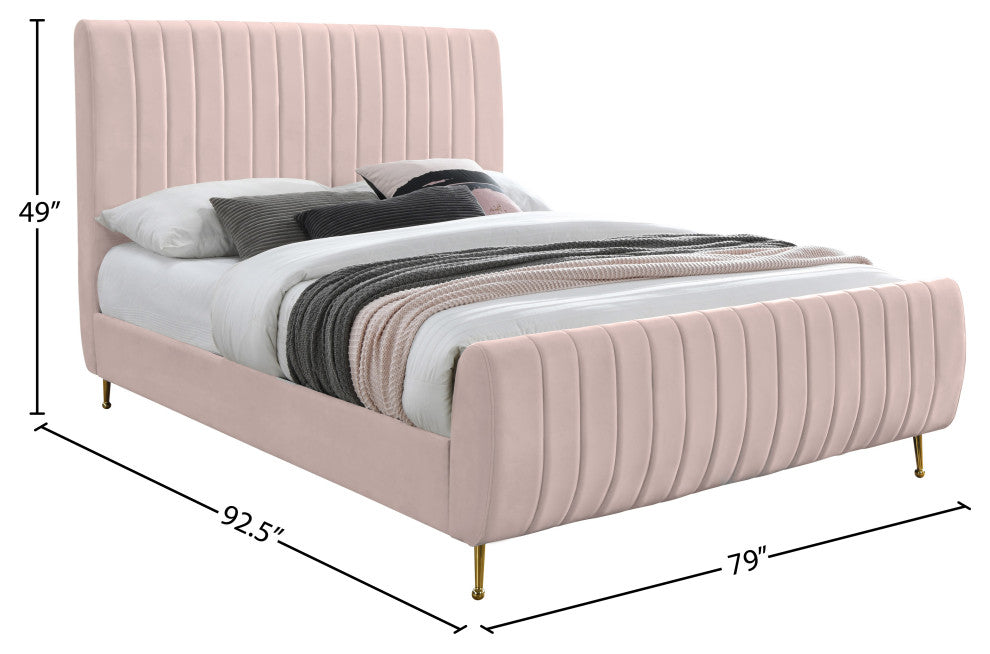 Zara Channel Tufted Velvet Upholstered Bed With Custom Gold Legs, Pink, King