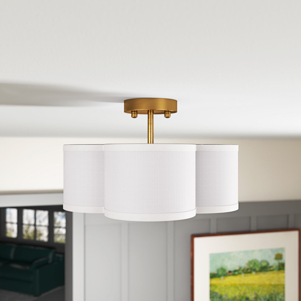 13 Inch 4-Light Semi-Flush Mount Off-White Fabric Drum Shade Ceiling Light