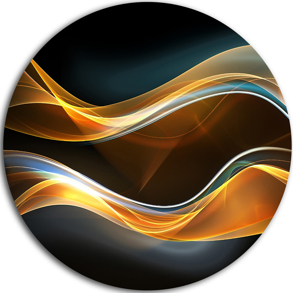 3D Gold Waves In Black, Abstract Digital Art Disc Metal Artwork, 23"