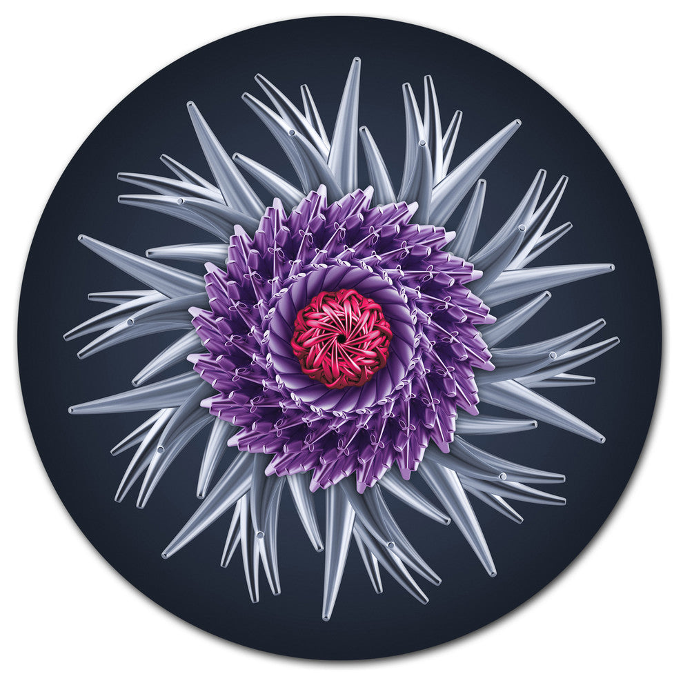 Purple Abstract 3D Flower On Black, Flowers Disc Metal Artwork, 23"