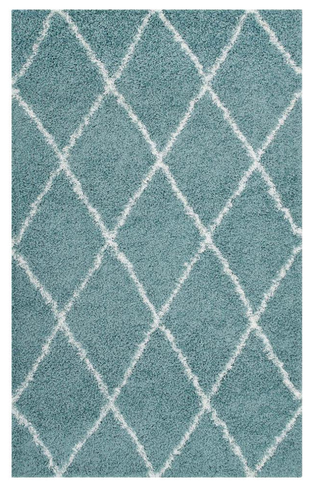 Aqua Blue and Ivory Toryn Diamond Lattice 8x10 Shag Area Rug