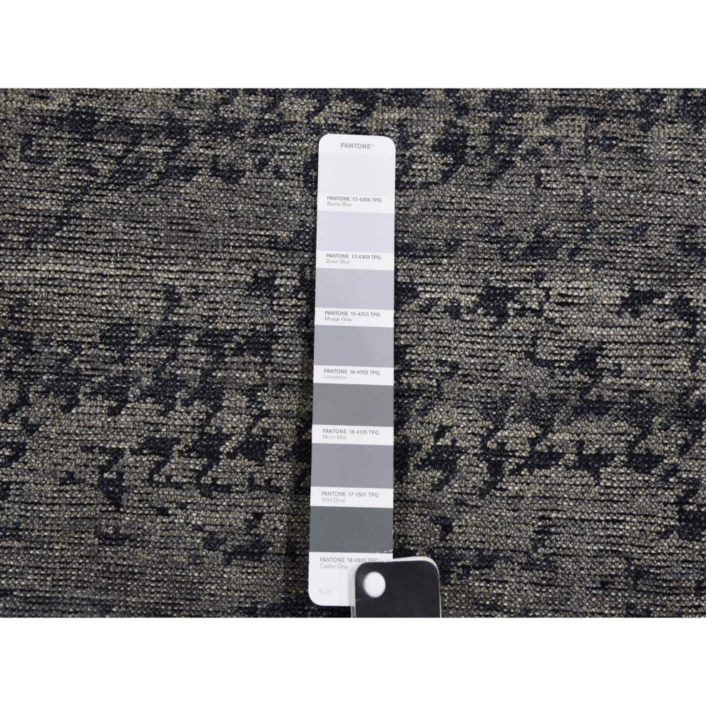 Black and Gray Modern Design Zero Pile Pure Silk Hand Knotted Rug, 8'0"x10'1"