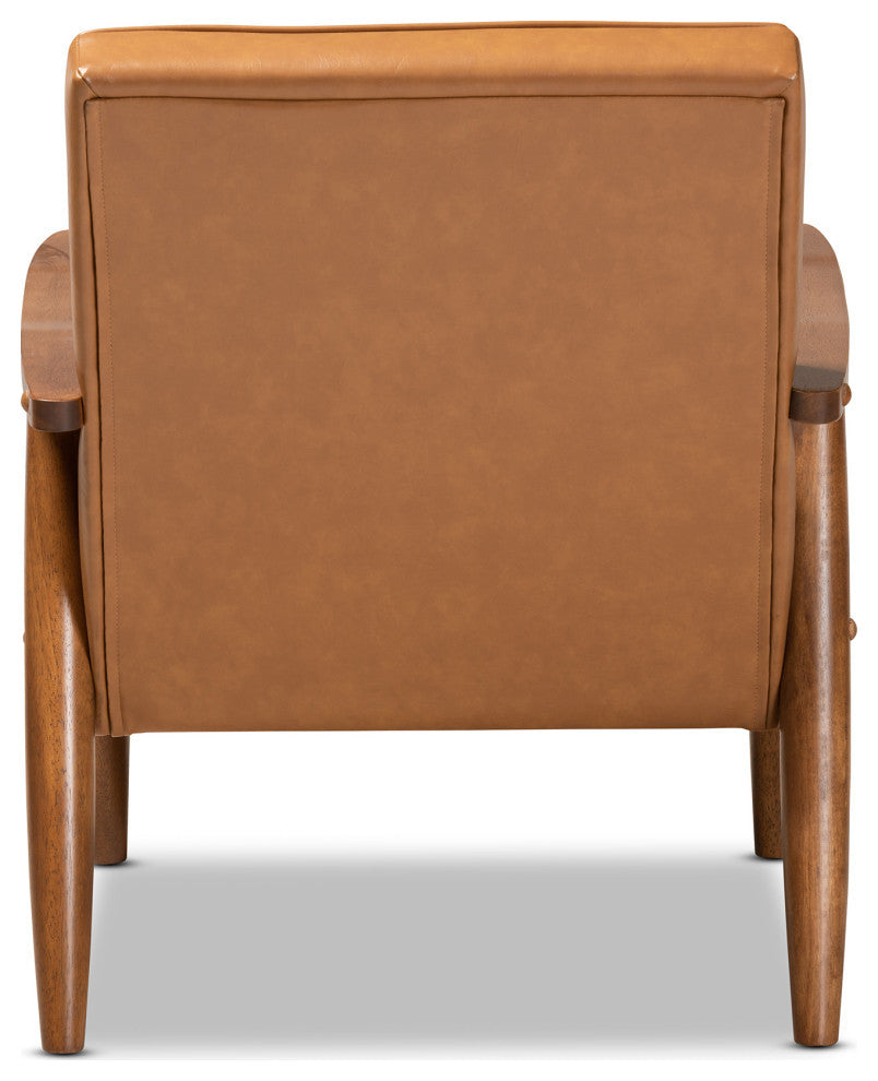 Sorrento Mid-Century Tan Faux Leather and Walnut Wood Lounge Chair