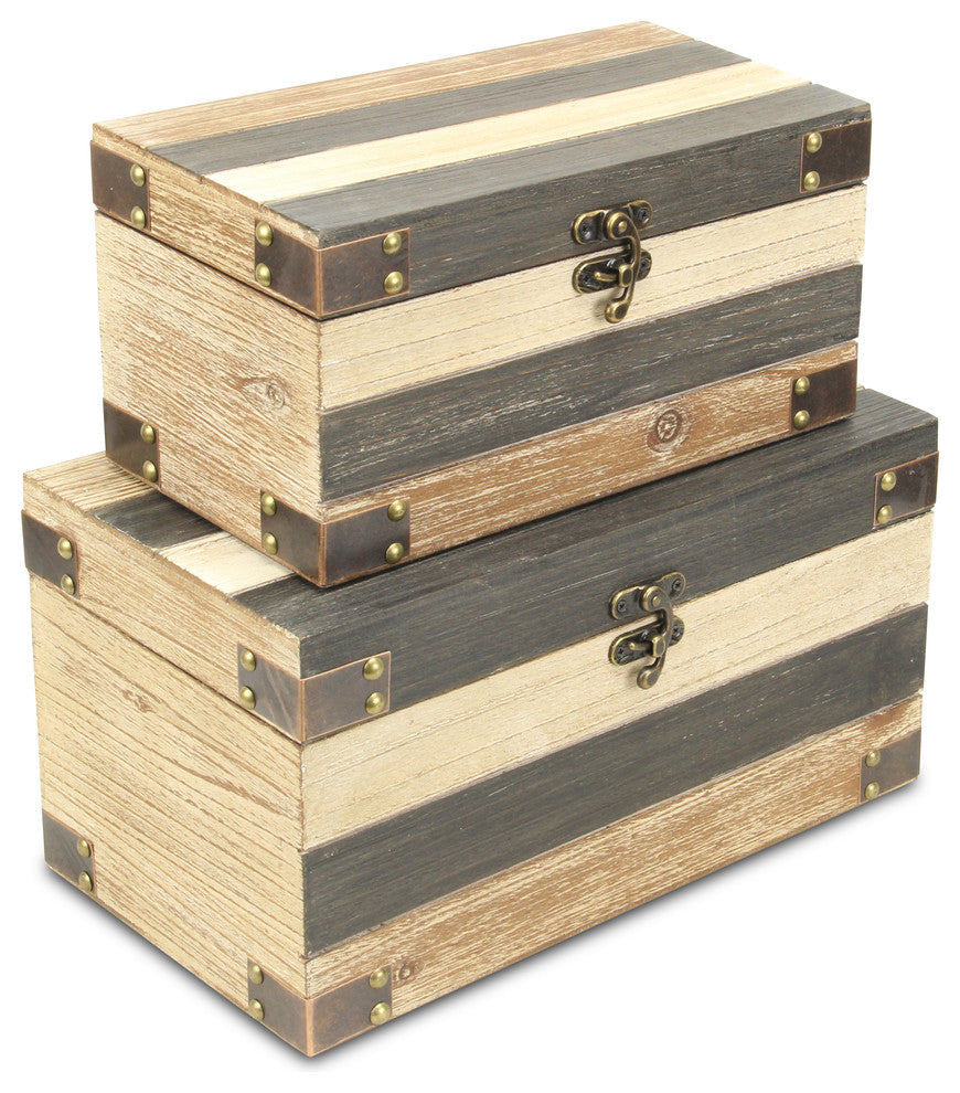 Wood Panel Storage Boxes, Bronze Metal Accents, 2-Piece Set