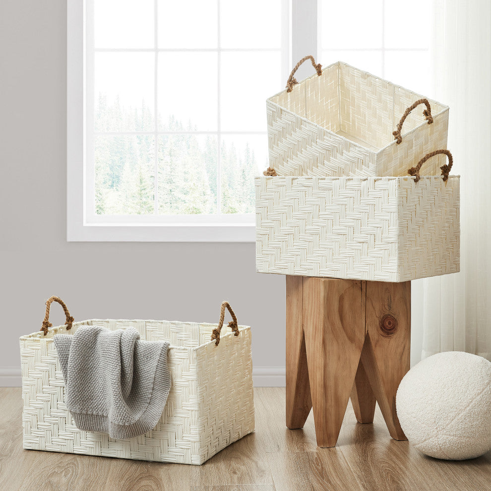 Nautica 3-Piece Set Rectangle Storage Bins with Rope Handles, White