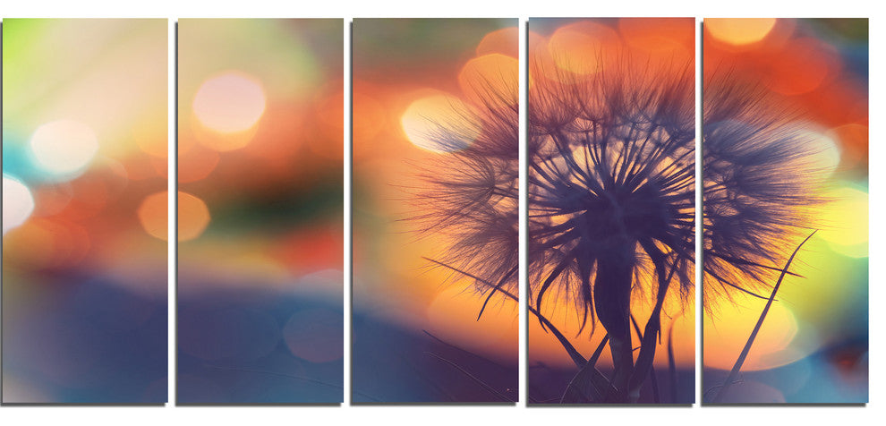 Dandelion Flower on Orange Background, Floral Canvas Print, 60"x28", 5 Panels
