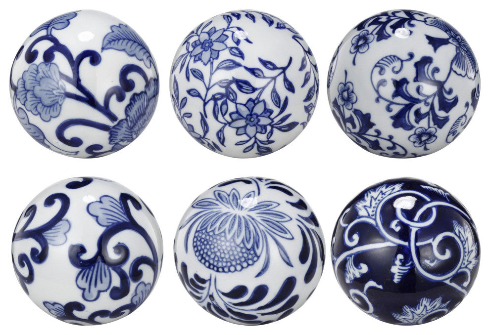 Benzara BM286144 4" Ball 6-Piece Set Orbs, Blue And White Printed Porcelain