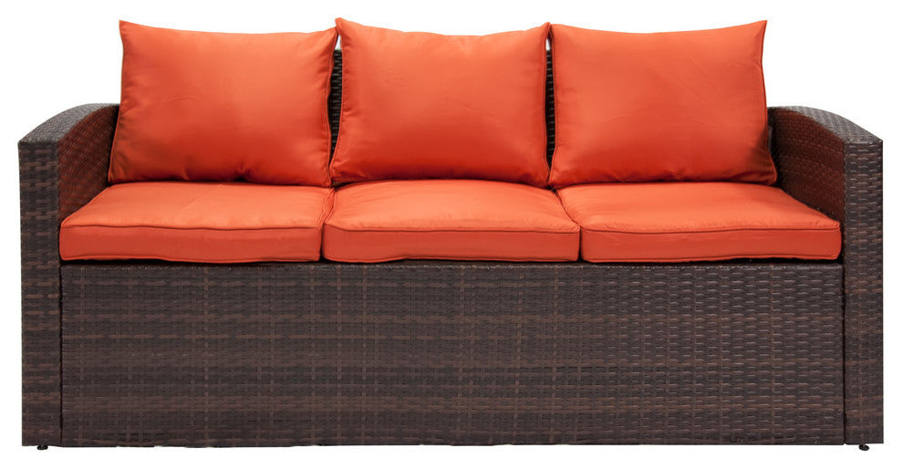 Rio 5-Piece Wicker Conversation Set With Storage, Dark Brown Wicker/Orange Cushi
