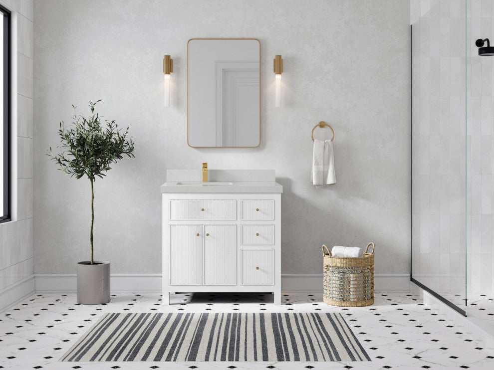 Sonoma 36 Left Offset Reeded  Bath Vanity in White 2" Carrara Quartz
