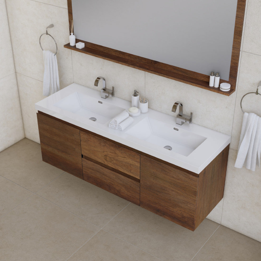 Paterno 60" Double Wall Mounted Bathroom Vanity, Rosewood