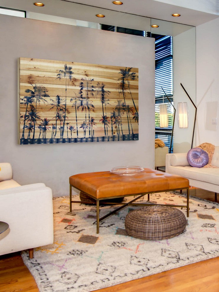"Watercolor Palms" Print on Natural Pine Wood, 45"x30"