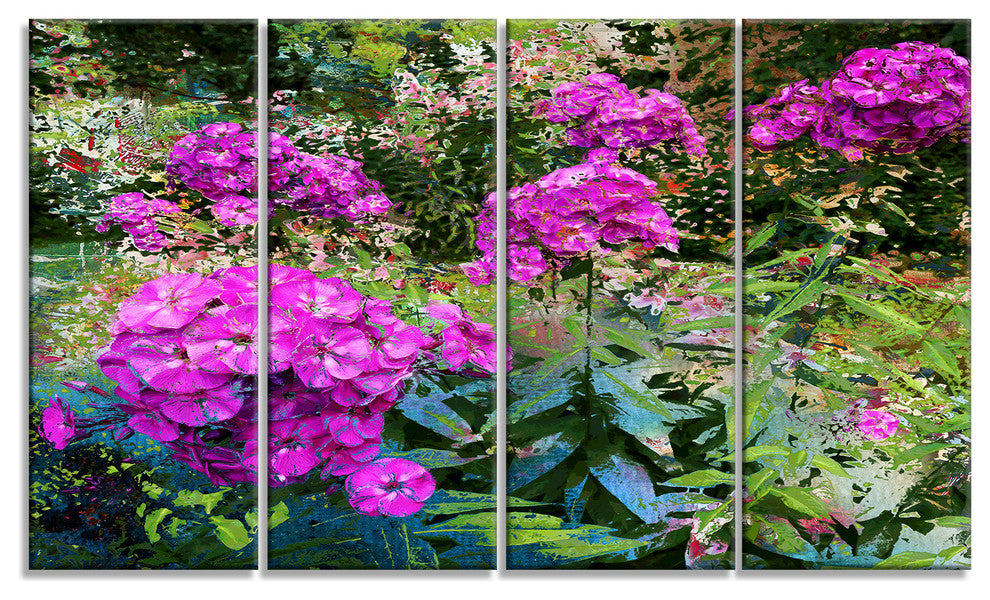 Theme With Pink Flowers and Green, Floral Art Canvas Print, 48"x28", 4 Panels