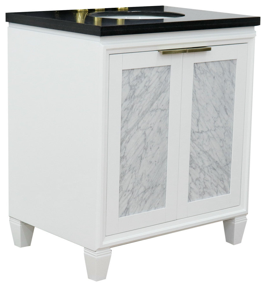 31" Single Sink Vanity, White Finish With Black Galaxy Granite With Oval Sink