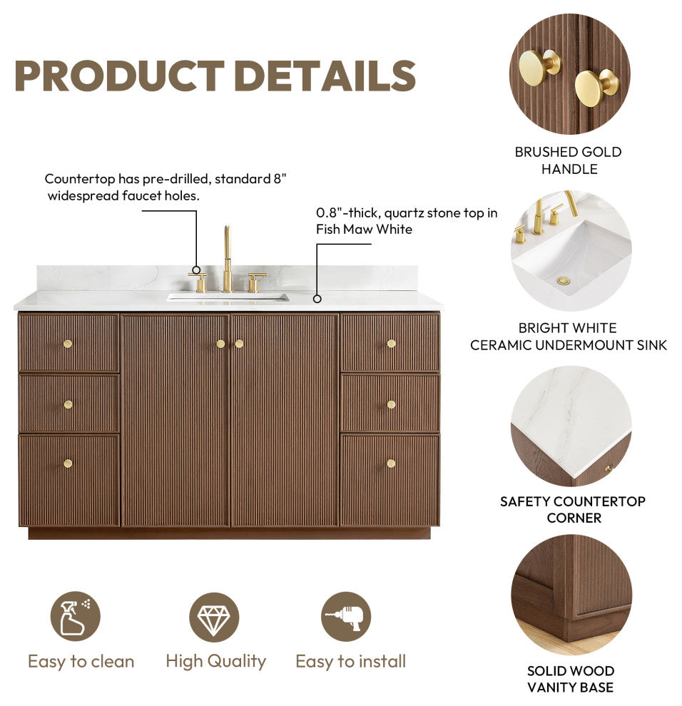 Oza Bath Vanity with Quartz Stone Top, Aged Dark Brown Oak, 60", Single Vanity, No Mirror
