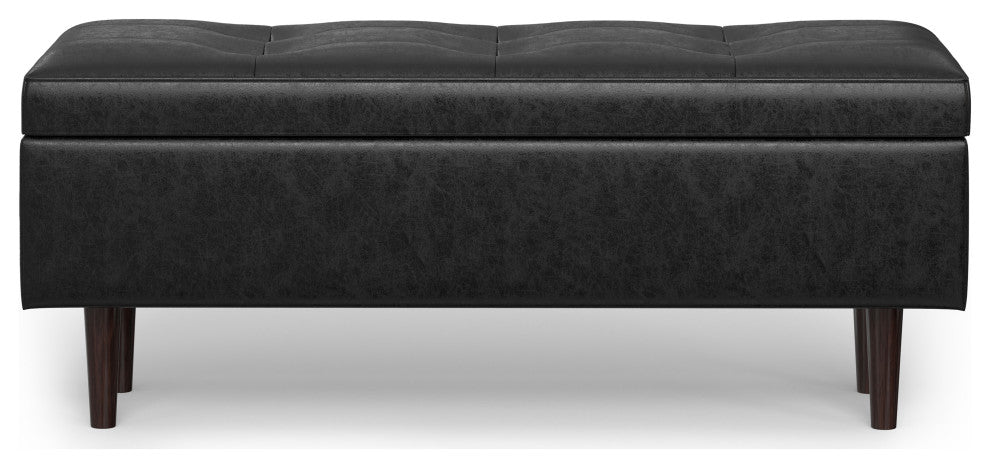 Shay Mid Century Rectangular Storage Ottoman, Distressed Black