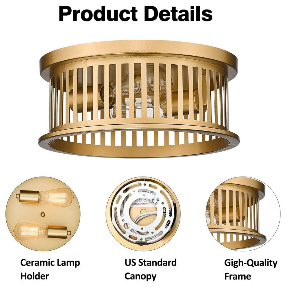 2 Light Gold Flush Mount Ceiling Light Farmhouse Industrial Ceiling Lamp