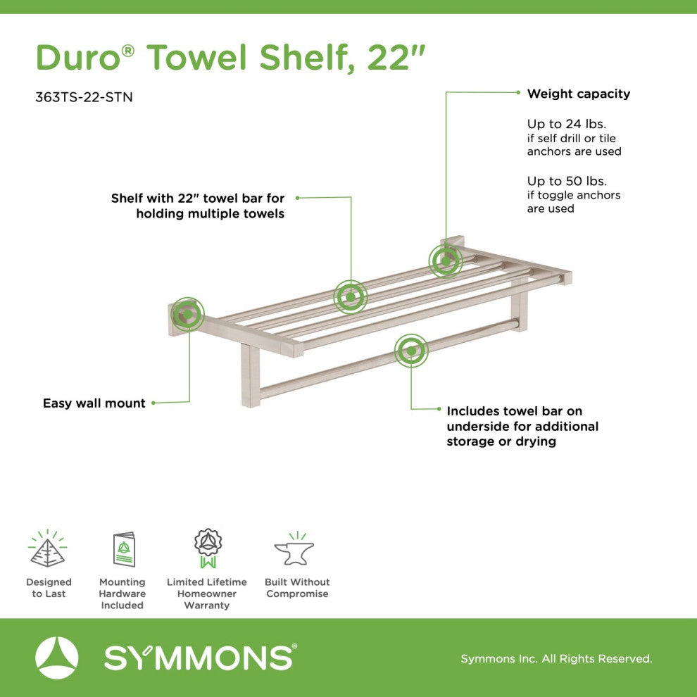 Duro 22 inch Towel Shelf with Mounting Hardware, Satin Nickel