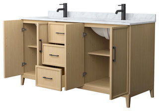 Elan 66" Double Vanity, White Oak, White Carrara Marble Top, Black Trim