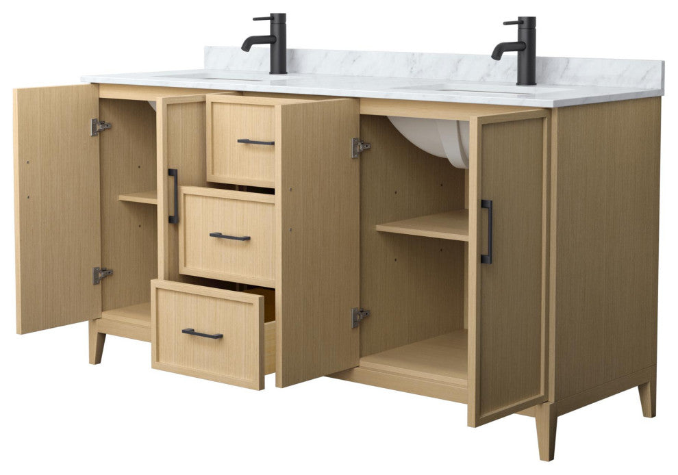 Elan 66" Double Vanity, White Oak, White Carrara Marble Top, Black Trim