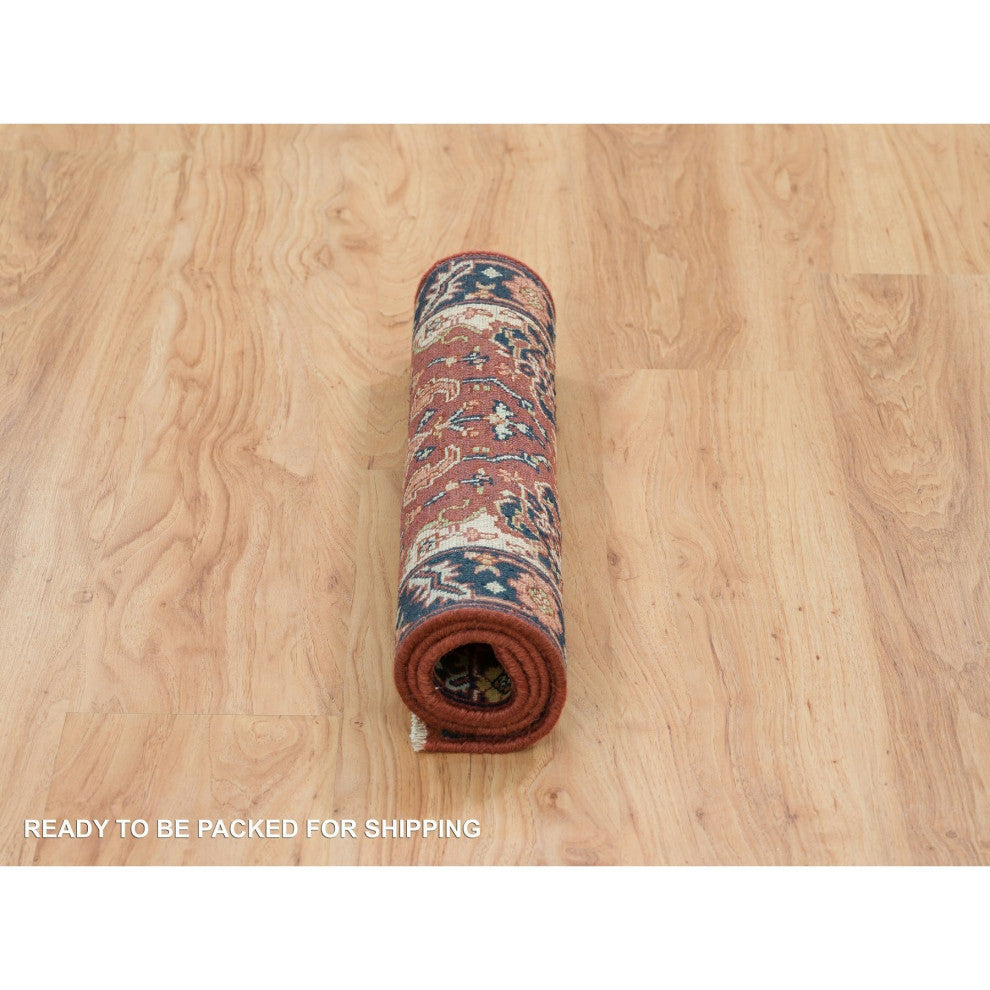 Rust Red Antiqued Sarouk Re-Creation Pure Wool Hand Knotted Rug, 2'x3'2"