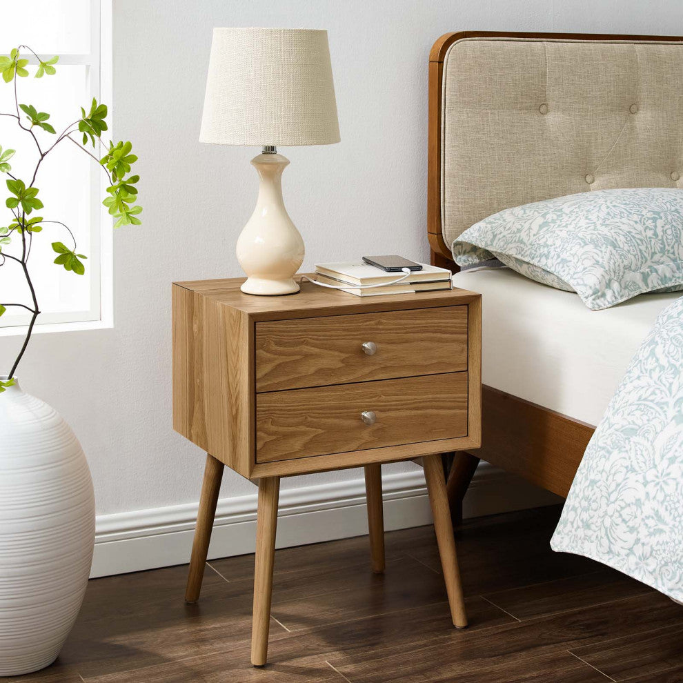 Nightstand Side End Table With USB, Wood, Brown Natural, Modern Living Room