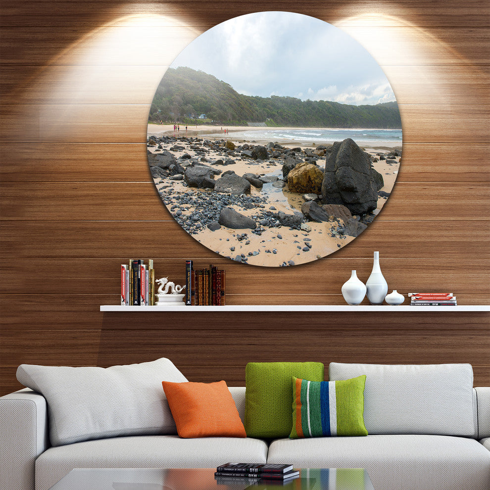 Pretty Beach With Small And Big Rocks, Seashore Disc Metal Artwork, 11"