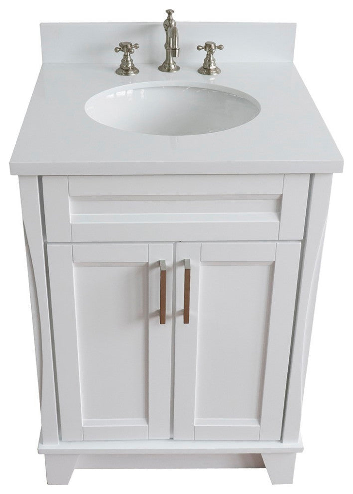 25" Single Sink Vanity, White Finish With Engineered Stone Top And Oval Sink
