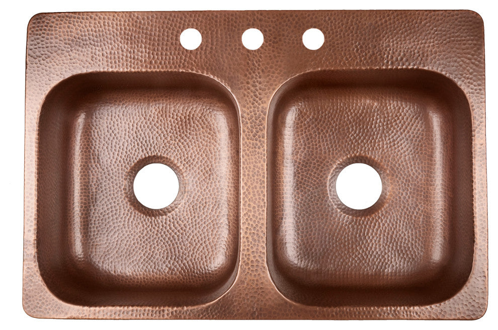Angelico Copper 33" Double Bowl Drop-In Kitchen Sink With 3 Hole