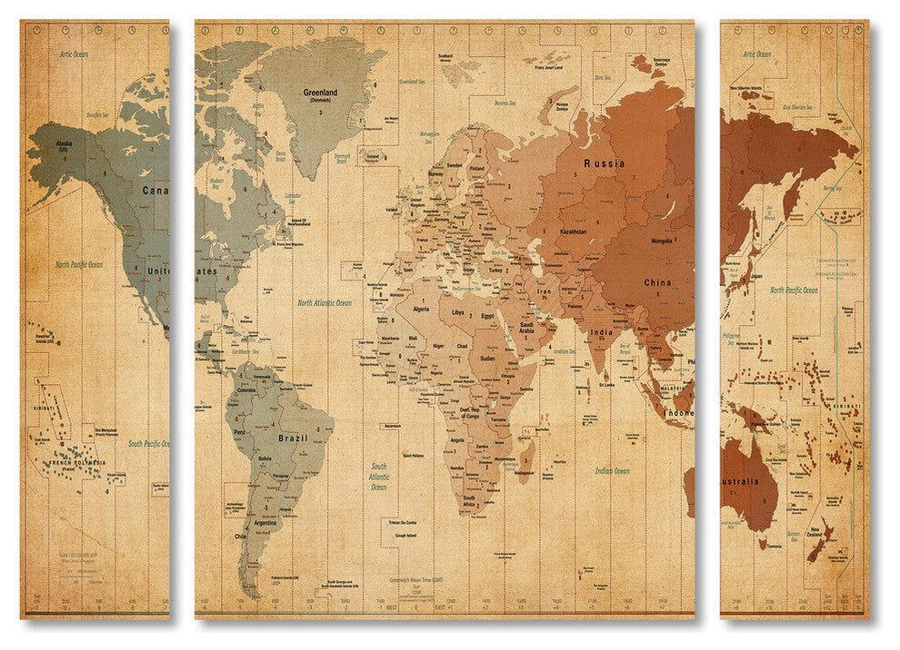 Michael Tompsett ''Time Zones World Map'' Multi Panel Art Set, 32"x24"