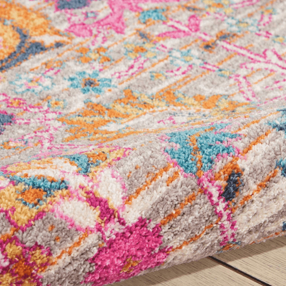 5' X 7' Gray and Pink Floral Power Loom Distressed Area Rug