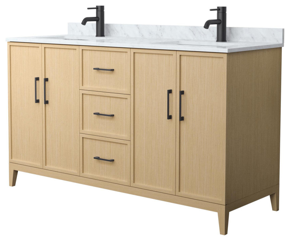 Elan 60" Double Vanity, White Oak, White Carrara Marble Top, Black Trim