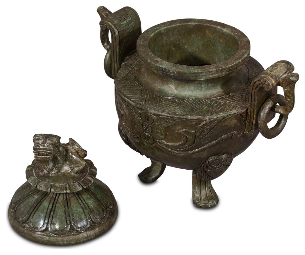 Hand Carved Chinese Jade Incense Burner with Foo Dog Motif Lid
