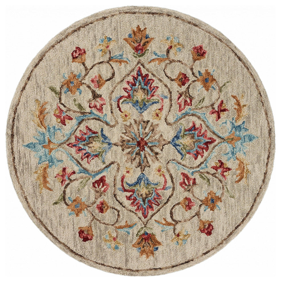 6" Round Beige Floral Medallion Area Rug