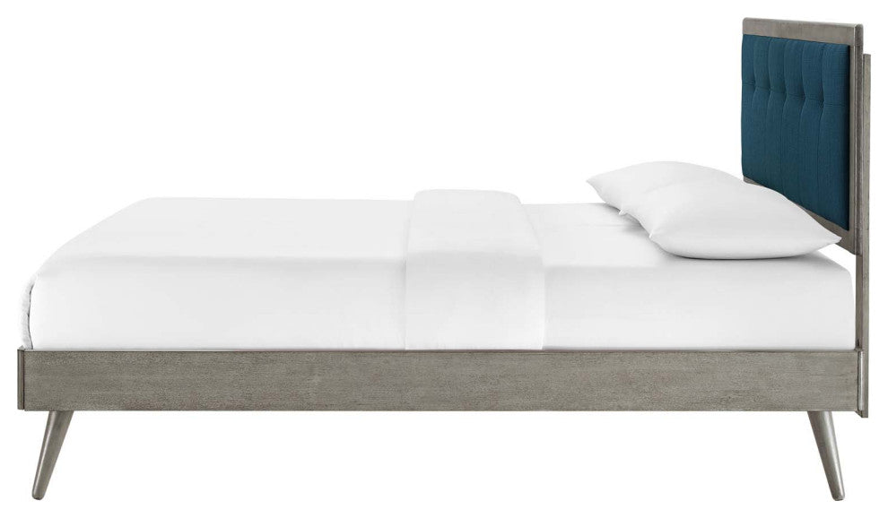 Platform Bed Frame, Queen Size, Fabric, Wood, Gray Navy Blue, Modern