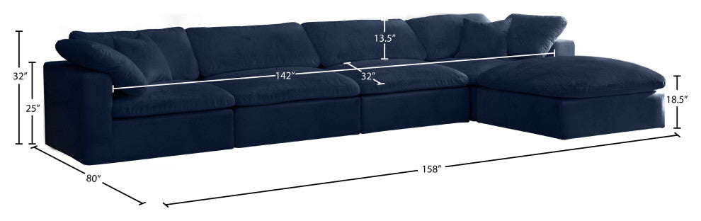 Cozy Velvet Upholstered Comfort L-Shaped Modular Sectional, Navy, 5-Piece: 2 Armless Chair, 2 Corner Chair, 1 Ottoman