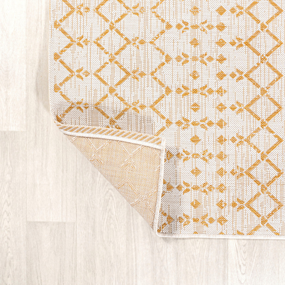 Ourika Moroccan Geometric Indoor/Outdoor Rug, Cream/Yellow, 5' Square