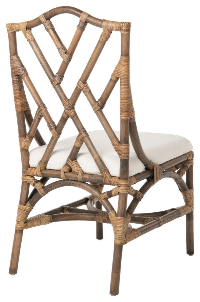 Rattan Chippendale Upholstered Dining Chairs, Antique Brown, Set of 2