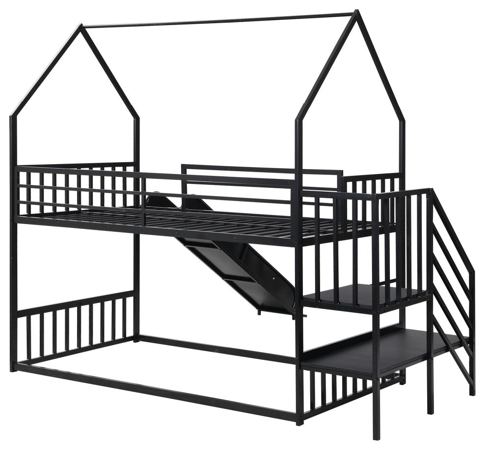 Gewnee Twin Metal Bunk Bed House Bed with Slide and Staircase in Black