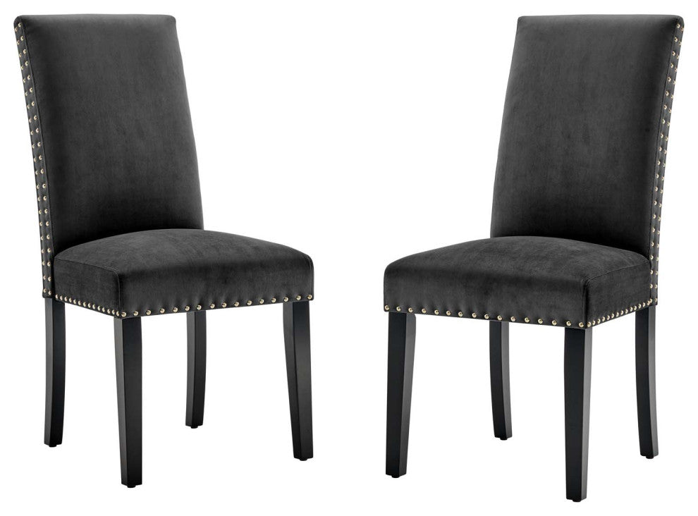 Side Dining Chair, Set of 2, Velvet, Wood, Dark Gray, Modern, Cafe Bistro