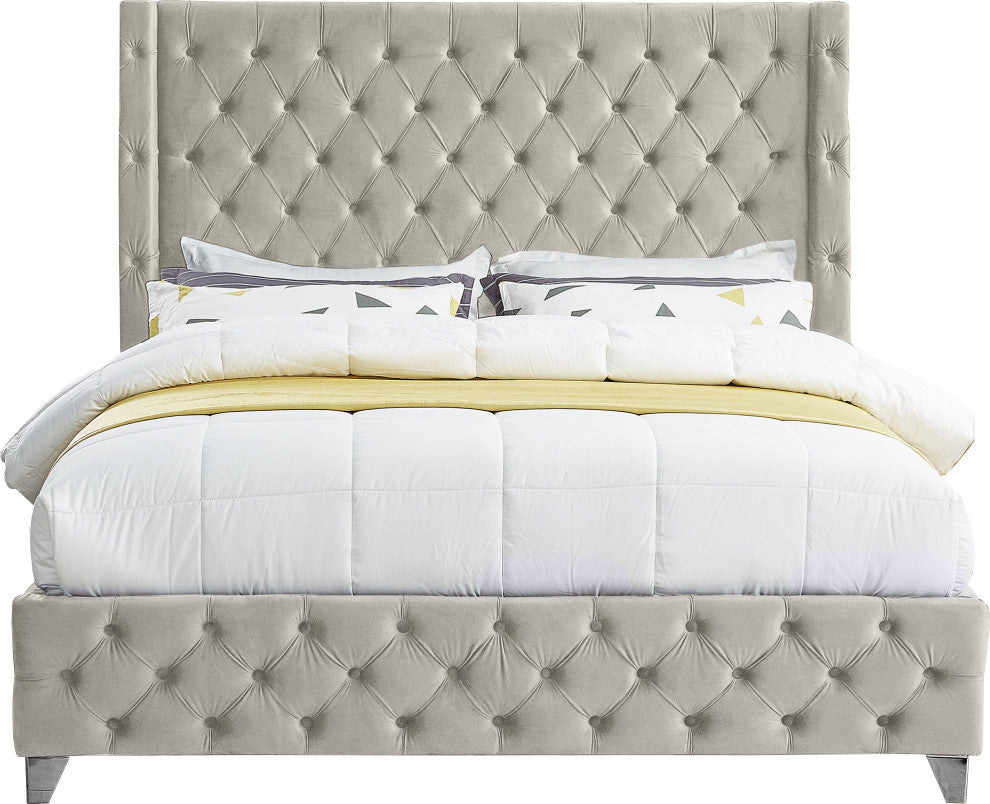 Savan Velvet Upholstered Bed, Cream, Full