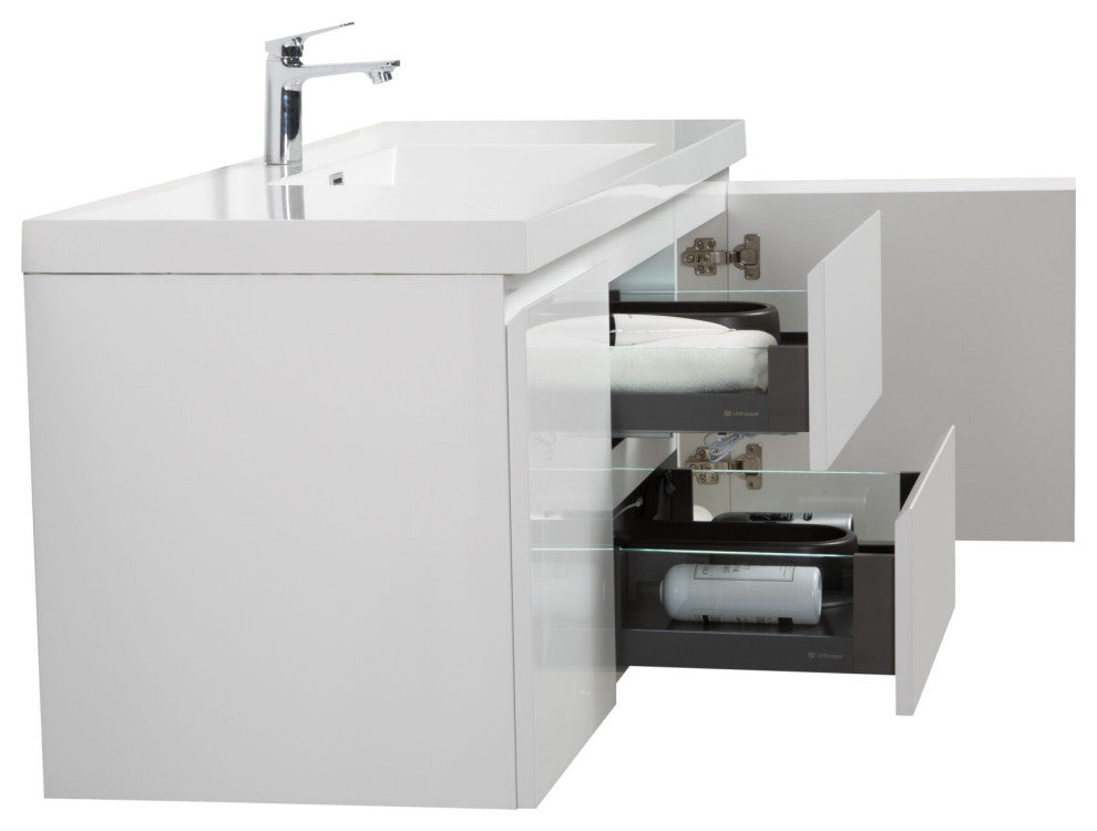 Aurora Wall Mount Vanity, White Acrylic Top, Glossy Polar White, 60"