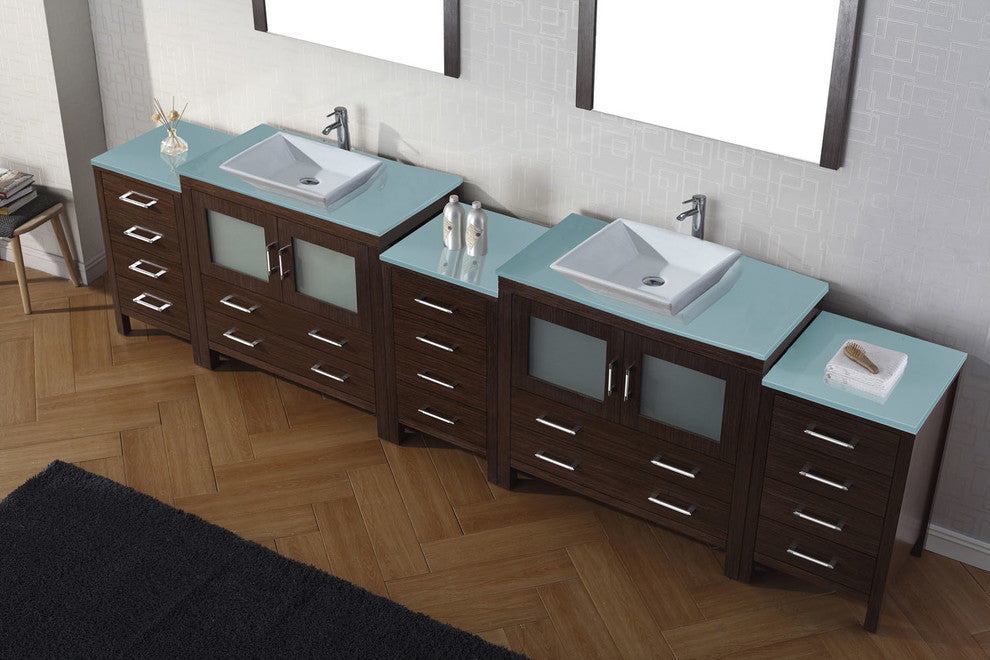 Virtu Dior 126" Double Bathroom Vanity, Espresso, Faucet, Mirrors